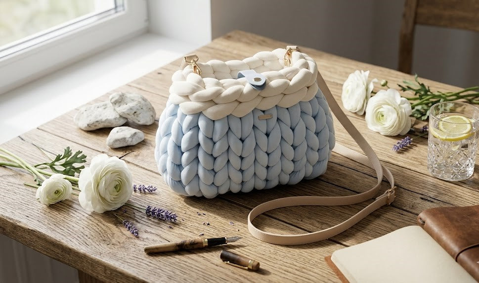 Sac "Nuvola" – Maxi Tressage Artisanal en Velours Bleu Ciel & Crème