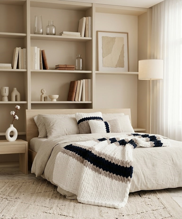 Parure Cocooning Indigo & Sable | Plaid Chunky Knit et Coussins Tressé