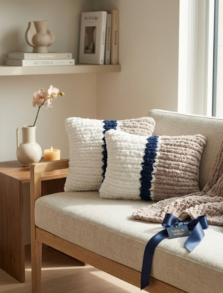 Parure Cocooning Indigo & Sable | Plaid Chunky Knit et Coussins Tressé